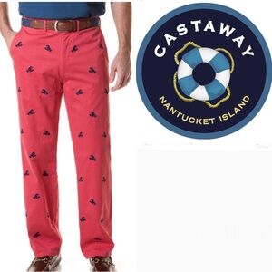 CASTAWAY mens embroidered critter pants - red with lobsters